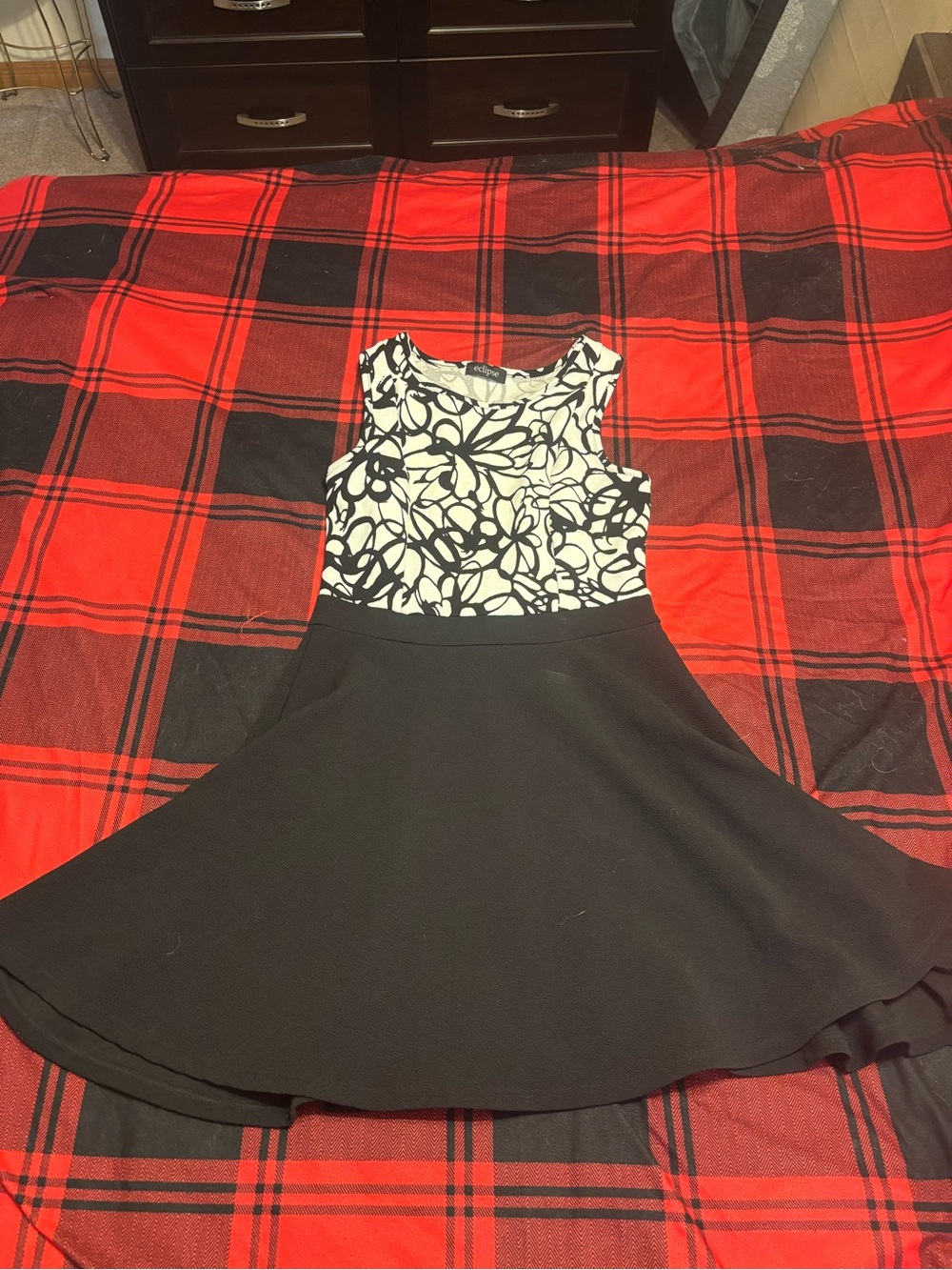 Eclipse Black & White Floral Fit-and-Flare Dress
